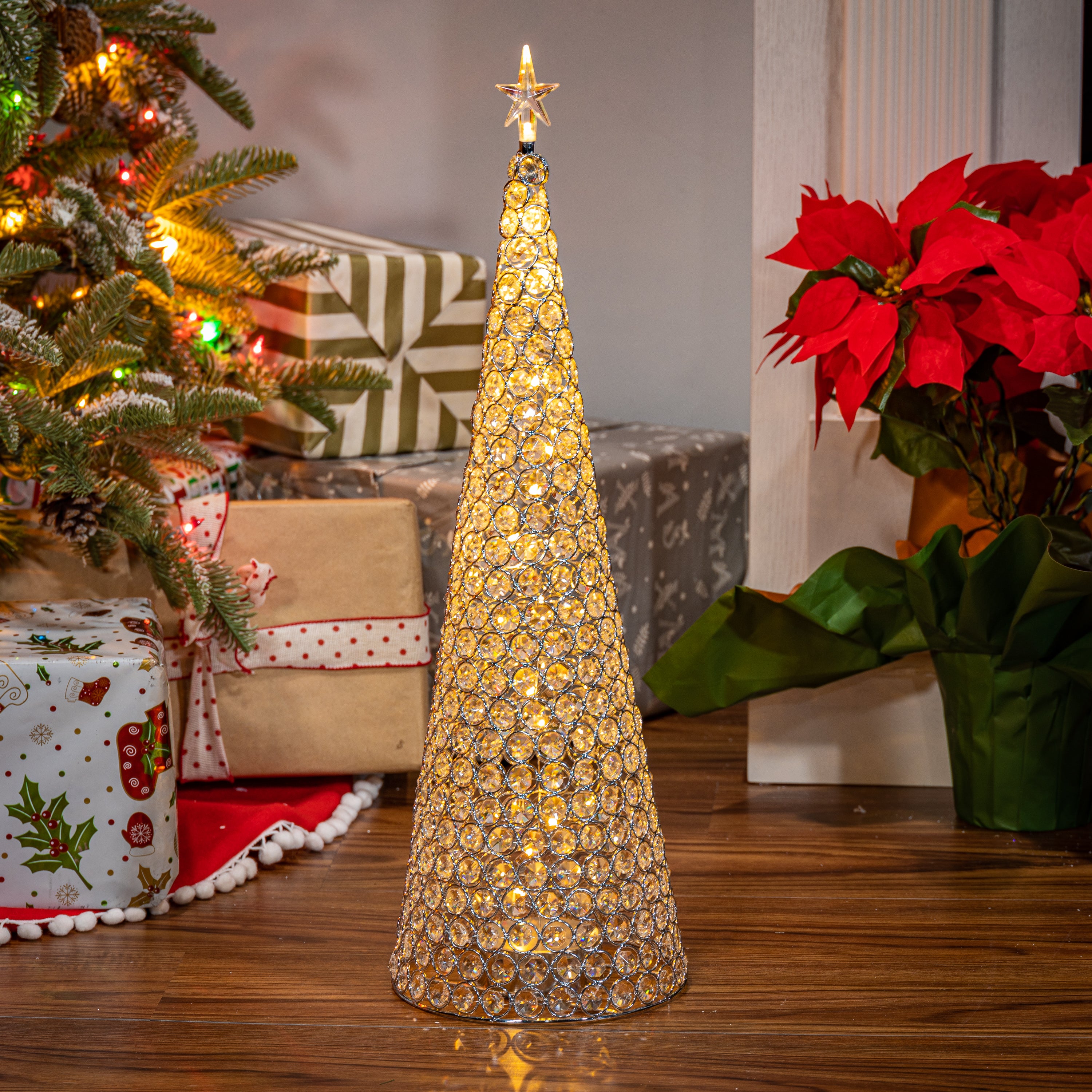 23.8-in H Battery- Operated Lighted Jeweled Cone Tree, Silver